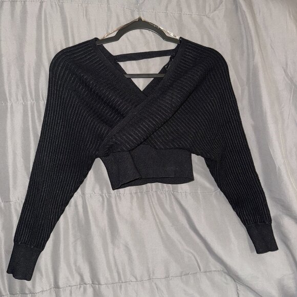 Windsor Black Ribbed Knit Surplice Plunge Tie Waist Sweater Crop Small - Picture 1 of 12